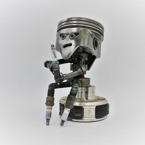 Piston Man Car Part Figurine - Handcrafted Sculpture, Unique Steampunk Desk Art