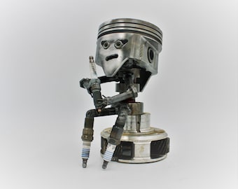 Piston Man Car Part Figurine - Handcrafted Sculpture, Unique Steampunk Desk Art