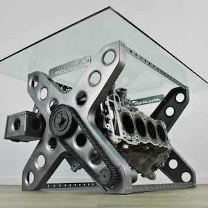 Engine Coffee Table – Rotating X-Frame Table, Custom Automotive Furniture for Man Caves