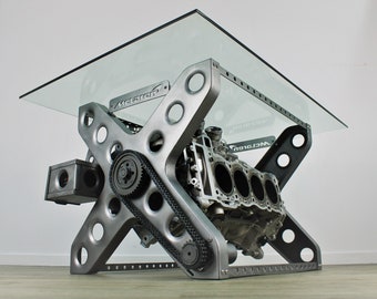 Rotating Engine Block Coffee Table - X Frame Customizable Man Cave Furniture