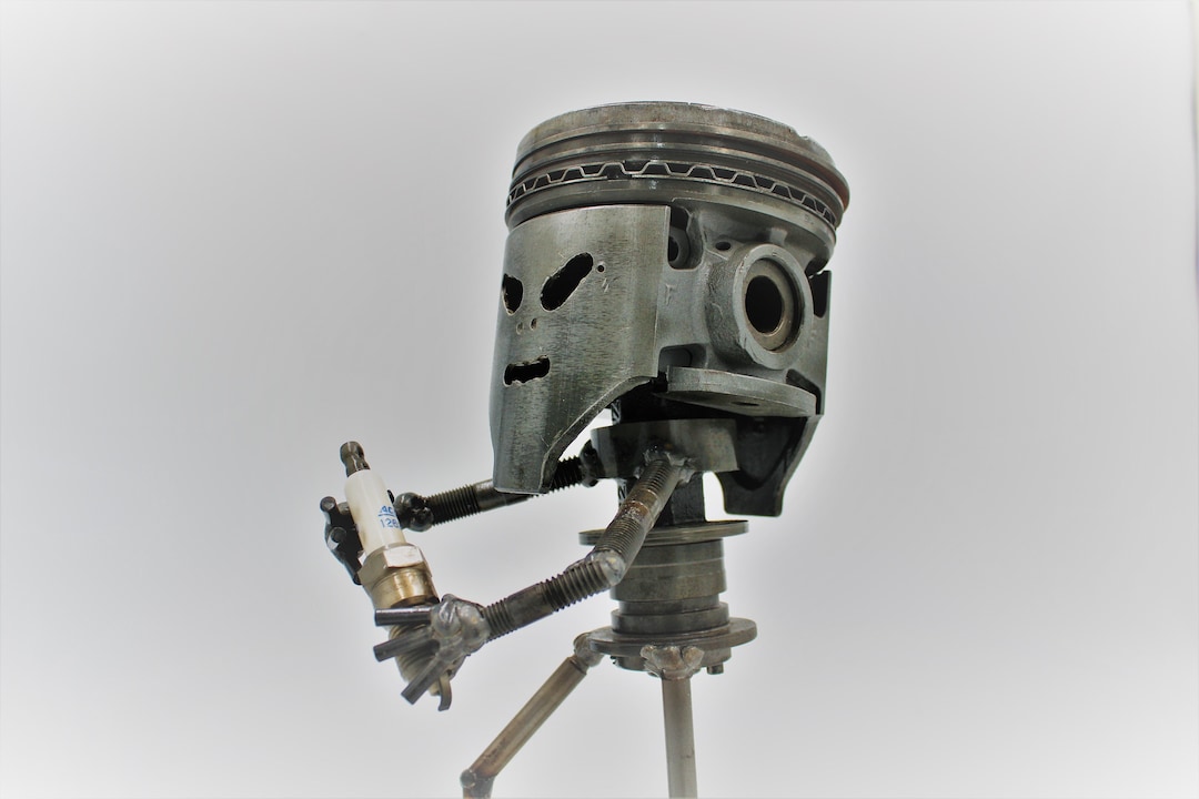 Mechanic Man Statue, Piston Art Desk Figurine, Car Parts Sculpture, Gifts for Men, Man Cave