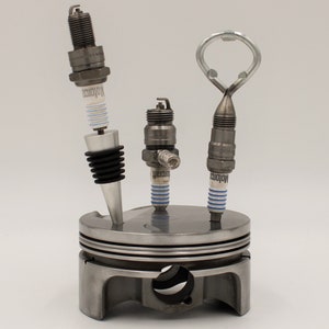 Spark Plug Bar Set for Car Lover - Bottle Opener, Corkscrew, Wine Stopper and Piston Holder, Gift for Auto Enthusiasts