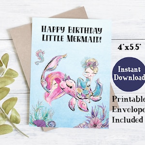 Carte d'anniversaire sirène | Carte d'anniversaire imprimable | Carte d'anniversaire pour les filles | Carte d'anniversaire de petite fille | Cartes d'anniversaire douces | Carte Sirène