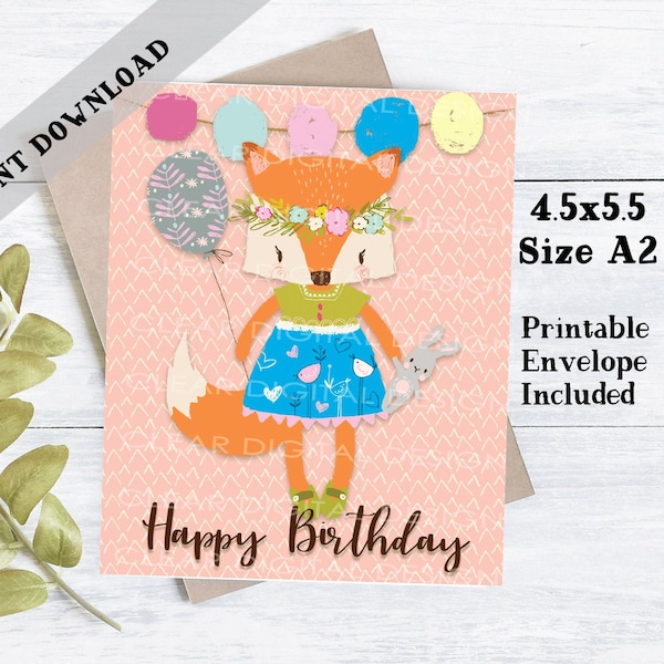 Printable Birthday Card For Girls | Printable Birthday Card | Birthday Card For Girls | Fox Birthday Card | Pink Birthday Cards
