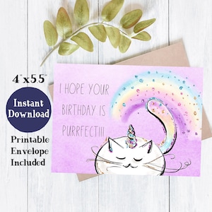 Tarjeta de cumpleaños de unicornio de gato imprimible / tarjeta de cumpleaños imprimible / tarjeta de cumpleaños para niñas / tarjeta de cumpleaños de gato / tarjeta de cumpleaños para nieta
