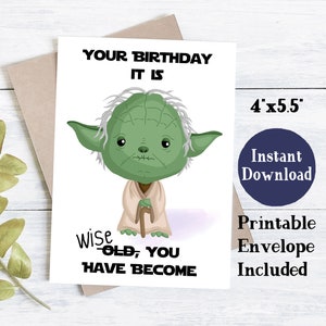 Cartão de aniversário imprimível de Star Wars | Cartão de aniversário imprimível para o pai | Cartão de aniversário de Yoda | Cartão de aniversário para impressão | Cartões de aniversário engraçados