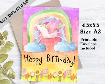 May include: A printable birthday card featuring a unicorn flying over a rainbow with clouds and flowers. The card is 4.5x5.5 inches and comes with an envelope. The text on the card reads "Happy Birthday!"