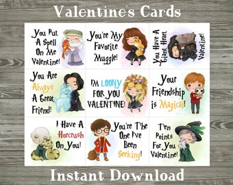 Puede incluir: Nueve tarjetas de San Valentín imprimibles con personajes de Harry Potter. Las tarjetas tienen diferentes mensajes, que incluyen "You Put a Spell on Me Valentine!" y "I Have a Horcruch on You!"