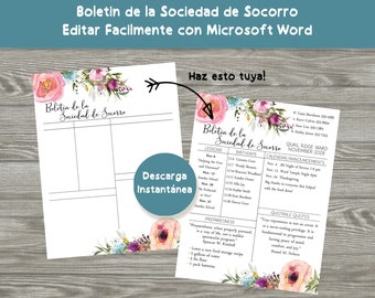 May include: A printable bulletin template for the Relief Society, featuring a floral design with pink, purple, and green flowers. The template includes sections for lessons, birthdays, calendar announcements, and quotable quotes. The text "Boletin de la Sociedad de Socorro" is at the top of the page.