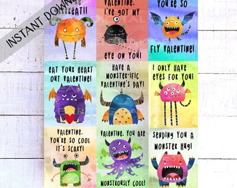 Può includere: Un foglio di nove biglietti di San Valentino colorati con mostri dei cartoni animati. Le carte hanno sfondi ad acquerello e includono frasi come "Fly Valentine!" e "Monster Hug!"
