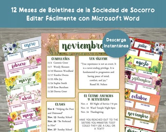 May include: A colorful printable calendar for the year with a floral design. Each month is represented by a different color and features a floral illustration. The calendar includes birthdays, classes, and events. The calendar is titled "12 Meses de Boletines de la Sociedad de Socorro" and "Editar Fácilmente con Microsoft Word".