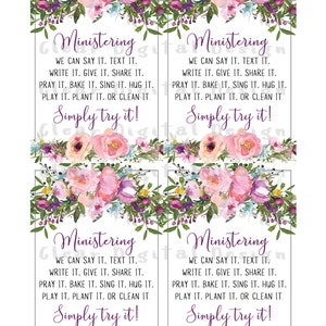 May include: Four floral-themed cards with the text "Ministering" and "Simply try it!"  The cards have a watercolor floral design with pink, purple, and green flowers.