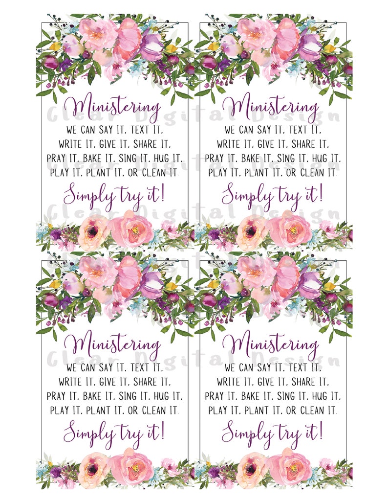 May include: Four floral-themed cards with the text "Ministering" and "Simply try it!"  The cards have a watercolor floral design with pink, purple, and green flowers.