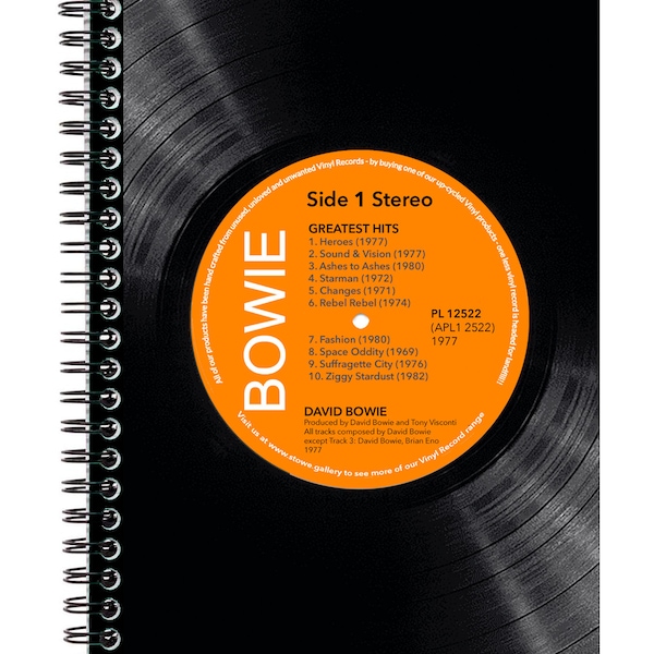 Bloc-notes David Bowie pour disque vinyle ~ Bloc-notes format A5 fabriqué à l'aide d'un disque vinyle