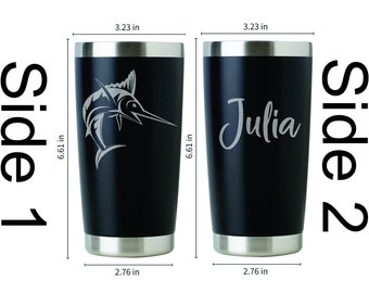 Blue Marlin Fish Personalized Custom Engraved Tumbler. Laser Engraved Stainless Steel Cup.