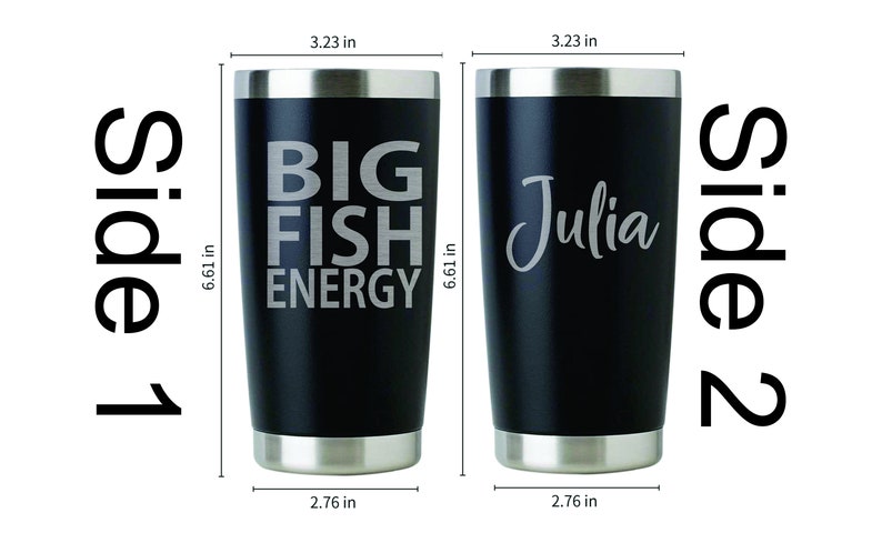 Big Fish Energy Personalized Custom Engraved Tumbler. Laser Engraved Stainless Steel Cup. Black