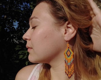 american native tribal earrings, long beaded dangle earrings,Mothers Day
