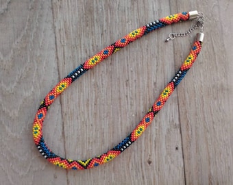 Crochet Beaded Necklace, Geometric Tribal Pattern, Czech Beads