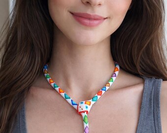 Handmade Beaded Snake Necklace: Colorful Geometric Wrap Jewelry, Boho Style