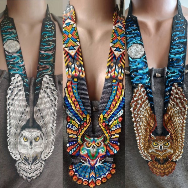 Gerdan ukrainien, long collier de perles, motif tribal indien, bijoux nationaux indiens, motif hibou, plumes, fait main