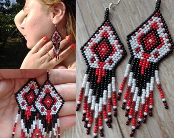 Ukrainian tribal earrings, long beaded earrings, Ukrainian embroidery