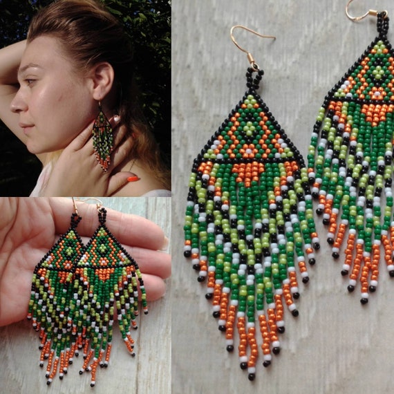 american indian tribal earrings, long beaded earrings, mother's day, independence day
