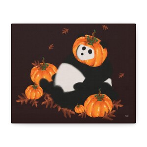 May include: A digital illustration on a dark brown background featuring a black and white panda bear wearing a carved orange pumpkin as a headpiece. The panda is surrounded by several orange pumpkins and scattered brown autumn leaves.