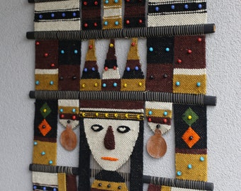 XXL Vintage Beaded Tapestry: 1970s Bohemian Folk Art Wall Hanging