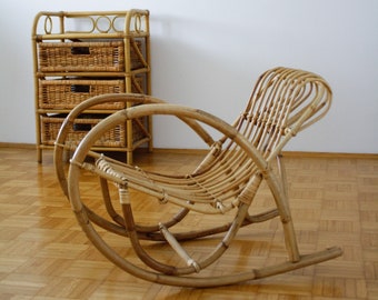 Vintage Franco Albini Kids Wicker Bamboo Rocking Chair / Children&#39;s Rattan Rocking Chair / 70s Italy / Mid Century Rattan Wicker Furniture