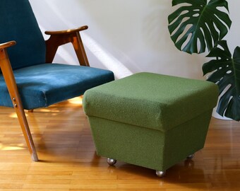 Green Mid Century Ottoman on Wheels Yugoslavia / Vintage Footstool / Mid Century Furniture / Vintage Cushion Stool / Rolling Ottoman
