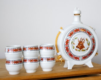 Juego de decantador de cerámica vintage de Zajecar: frasco yugoslavo con 6 vasos de chupito