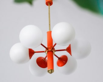 Vintage Orange Sputnik Six Arm Chandelier / Mid Century Modern Pendant Lamp Made in Yugoslavia / Space Age Atomic Lamp / Vintage Pendant