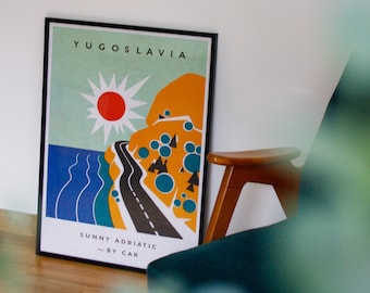 Vintage Art Print Yugoslavia Sunny Adriatic by Car 50x70 / Yugoslavia Wall Art / Vintage Travel Poster / Retro Poster / Travel Art Print