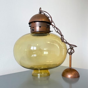 Mid Century Modern Amber Glass Copper Chandelier - Yugoslavia