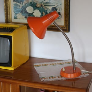 Vintage Orange Gooseneck Desk Lamp: 70s Yugoslavia Industrial Lighting