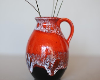 Jarrón Jasba vintage: esmalte de lava roja, cerámica de Alemania Occidental
