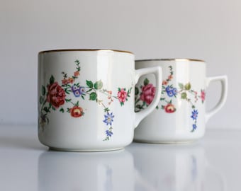 Set of 2 Large Vintage Lubiana Porcelain Mugs Made in Poland  / Porcelain Coffee tea Mugs with Floral decal  / Socialist Porcelain / 60s