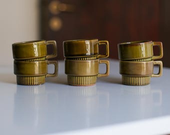 Vintage KIL Liboje Coffee Cup Set: Yugoslavia Green Glaze, 1960s/70s