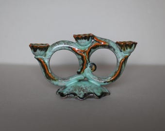 Vintage Yugoslavian Ceramic Candelabra: Turquoise Orange Glaze, Mid-Century Boho Decor