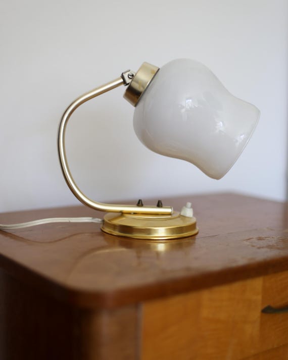 Vintage Brass Opaline Glass Table Lamp Yugoslavia – Mid Century Modern Bedside Light