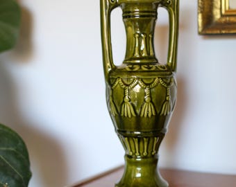 Vintage Olive Green Ceramic Vase: Yugoslavian Amphora Vase, KIL Liboje