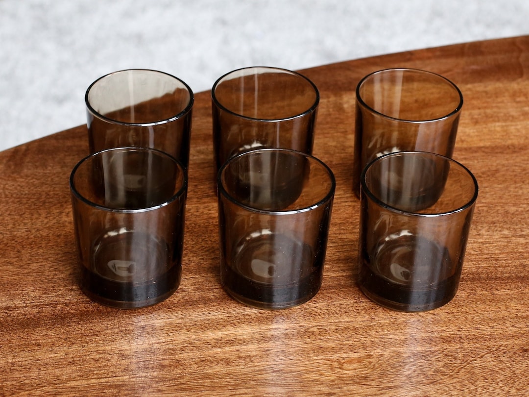 Set of 6 Vintage Short Tinted Glass Tumblers / Mid Century Glass Set