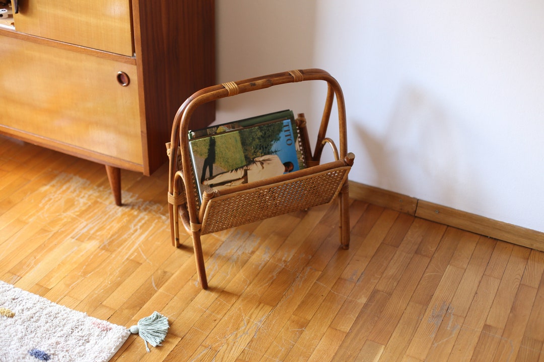 Vintage Wicker Rattan Magazine Rack / 60s Rattan Magazine Holder