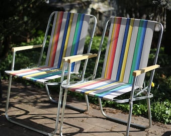 Juego de 2 sillas plegables de aluminio a rayas estilo retro – Muebles de exterior para playa y camping de los años 70