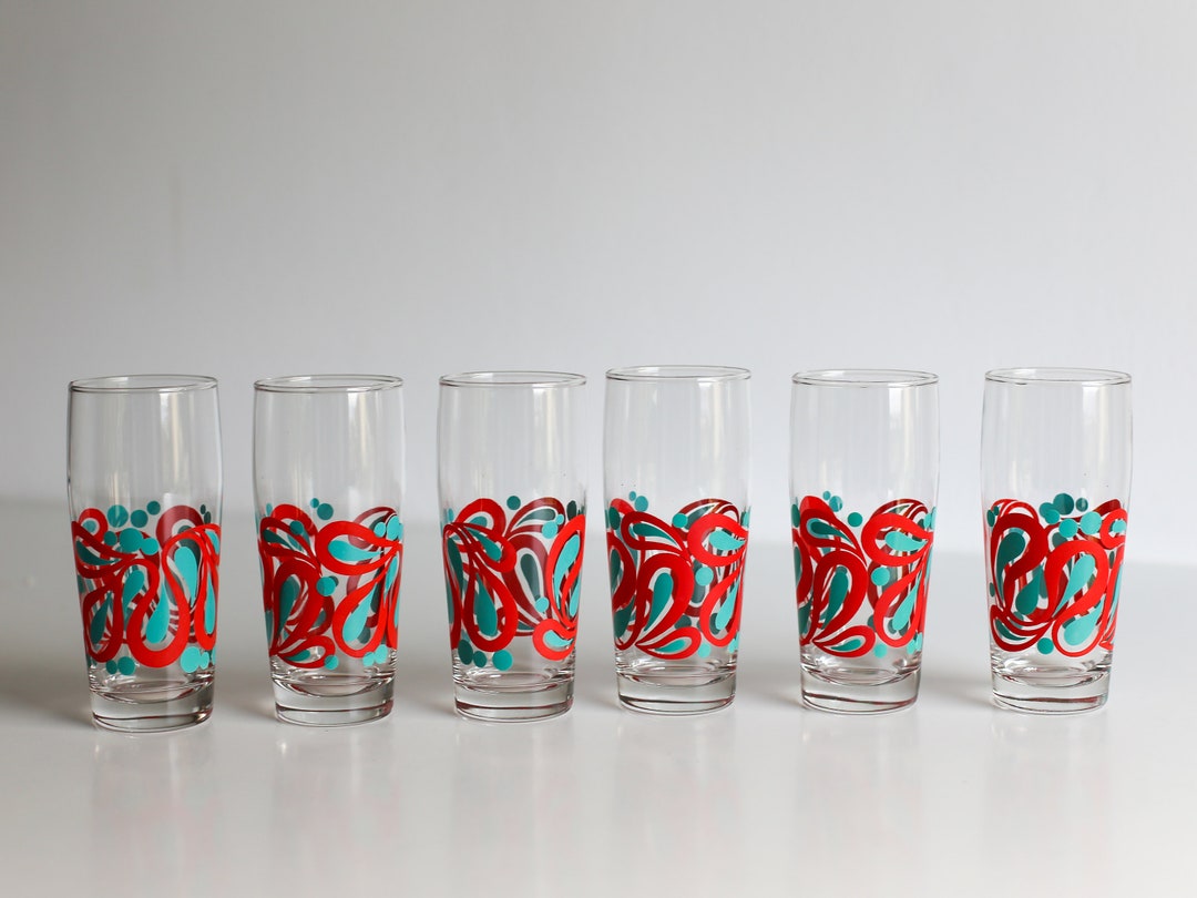 Six Retro Drinking Glasses Retro Motif / Set of 6 Vintage Water Glasses ...