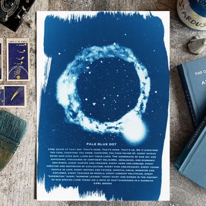 Carl Sagan Pale Blue Dot Zitat Cyanotypie Kunstdruck, Celestial Milk Way Galaxy Kunstwerk, Astrofotografie Zitat Wandkunst, Astronomie Geschenke