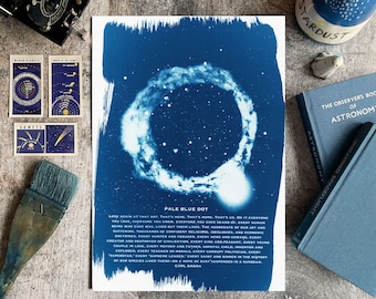 Carl Sagan Pale Blue Dot Quote Cyanotype Art Print, Celestial Milk Way Galaxy Artwork, Astrophotography Quote Wall Art, Astronomy Gifts