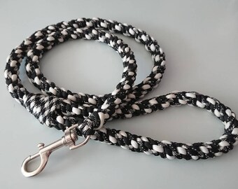 Reflective and glow-in-dark braided round thick leash, black&white, for medium dog, 1m/3.2ft long (ready to ship)