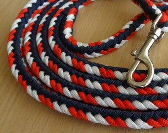 May include: A coiled pet leash made of braided rope in a repeating pattern of navy blue, bright red, and white strands. The leash features a polished silver-tone metal swivel snap hook attached to one end, allowing for secure fastening.