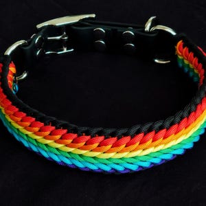 Rainbow & black sturdy paracord dog collar adjustable with buckle biothane adapter, size L 46-52 cm (ready to ship)